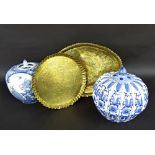 Two Chinese blue and white lidded scent jars; together with two ethnic brass trays (4)