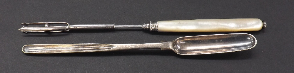 Victorian silver marrow scoop, maker George Aldwinckle, London 1860, 8.5" long; together with