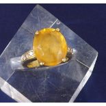 18ct yellow gold quartz ring set with diamond shoulders, 9.7gm, ring size M