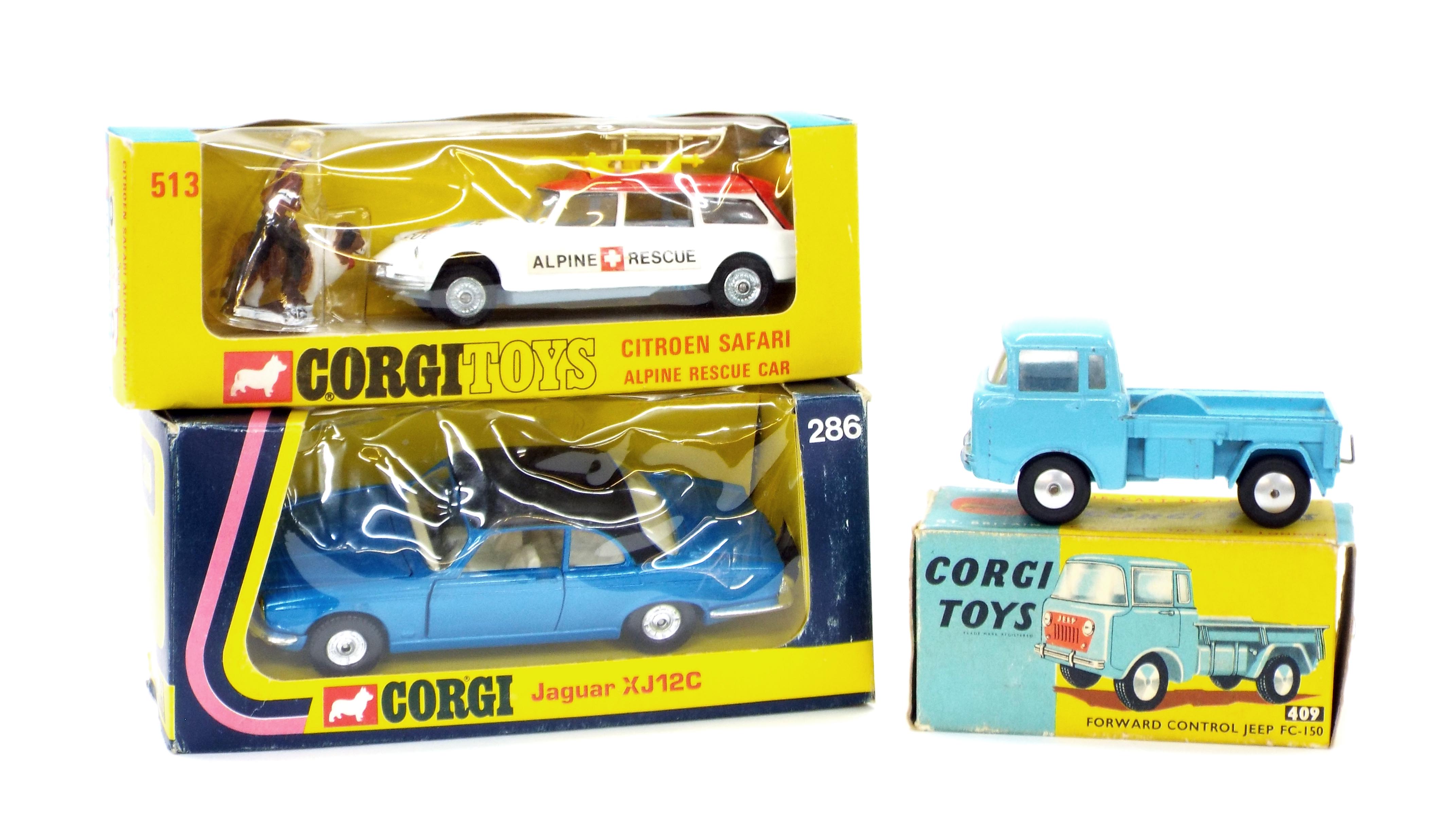 Corgi Toys - Forward Control Jeep FC-150, 409, boxed; Citroen Safari Alpine Rescue, 513, boxed;