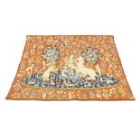 Good wall hanging tapestry of a seated regal lady with a unicorn and lion by her side surrounded