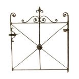 Mid 19th century cast and wrought iron hand gate, centrally decorated with a flowerhead, with swan