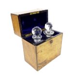 Victorian burr walnut brass bound decanter box, the blue velvet lined interior enclosing two non-