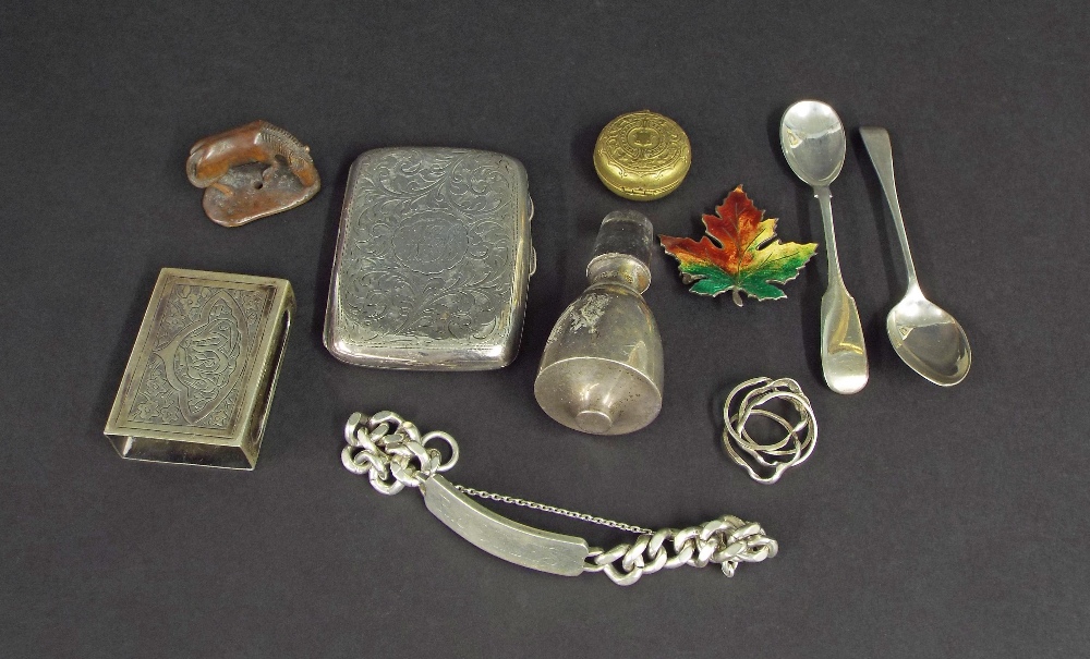Assorted mixed silver and other items to include a cigarette case, matchbox holder, two teaspoons,