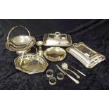 Assorted silver plated ware to include two entree dishes, two baskets, comport (at fault)