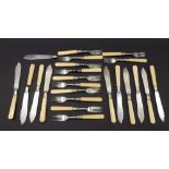 Part canteen of silver and bone handled fish cutlery, comprising twelve forks, nine knives, two