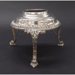 Silver spirit kettle stand, with gadrooned rim and three scrolled legs, maker marks worn,