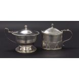 George III silver lidded mustard, with gadrooned rim and banded bowl, blue glass liner, maker