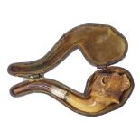 Antique Meerschaum pipe in the form of a pug, within a leather case, 7.5" long