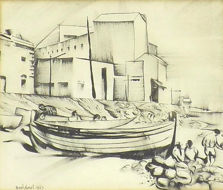 Basil Nubel (1923-1981) - Spanish coastal scene with figures and boats, signed and dated 1969, pen