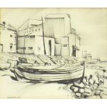 Basil Nubel (1923-1981) - Spanish coastal scene with figures and boats, signed and dated 1969, pen
