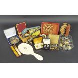 Box of interesting items to include ivory sewing tools, Chinese soapstone items, various buttons and