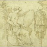 Italian School (17th/18th century) - Classical female winged figure seated holding a shield, robes