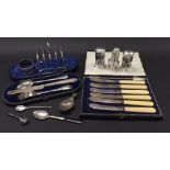 Mixed lot of silver to include cased Christening knife, fork and spoon set, cased bone handled fruit