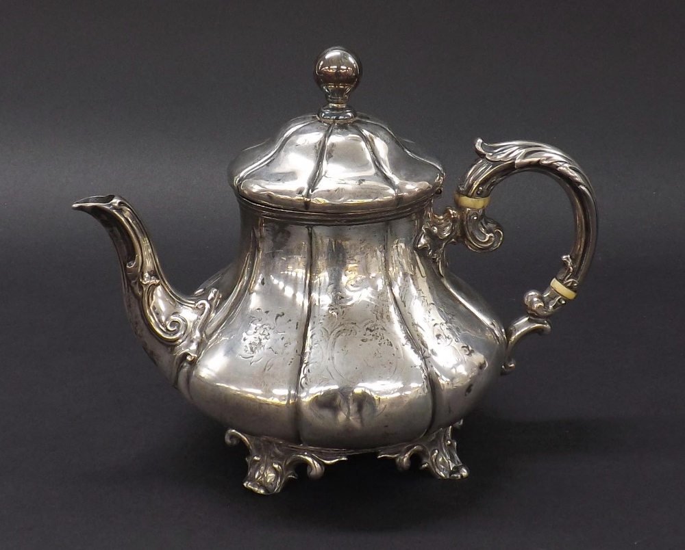 Victorian silver faceted baluster teapot, with cast acanthus handle and feet, maker Edward, Edward