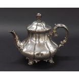Victorian silver faceted baluster teapot, with cast acanthus handle and feet, maker Edward, Edward