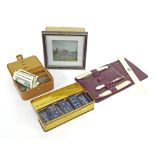 Mixed lot to include a framed diorama of soldiers with horses, 4" x 4", framed; vintage domino box