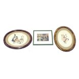 Two similar oval framed silhouettes in the Art Deco style depicting ladies within simulated walnut