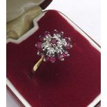 18ct yellow gold ruby and diamond cluster ring, cluster 12mm, ring size K, boxed