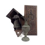 Antique cast bronze wall hanging school bell, pierced with scrolled grapevine and religious figures,