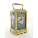 Fine repeater porcelain panelled carriage clock striking on a gong, the movement back plate