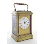 Good repeater carriage clock with Pons movement striking on a bell, the 2" white enamel dial