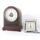 Bulle Patent electric mantel clock, the 5.5" silvered dial within a mahogany rounded arched inlaid