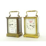 Two carriage clock timepieces, within brass corniche cases, both 5.75" high (2)