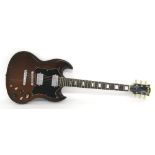 Columbus no. 54 electric guitar, made in Japan, walnut finish with heavy wear, electrics in