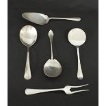 Dutch silver to include three serving spoons, cake slice and serving fork, various date marks, 12.