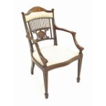 Attractive Edwardian mahogany inlaid salon armchair, decorated with foliate scrolls and with a