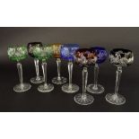 Set of five overlaid coloured hock glasses, 8" high; pair of similar glasses and another (8)