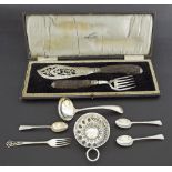 Christofle silver plate repousse wine taster, stamped marks, 4.25" wide; cased pair of antler and