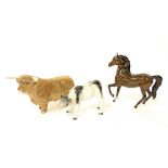 Beswick Highland bull, no. 2008, 5" high; Royal Doulton horse, 7" high; also a Melba Ware calf, 4"