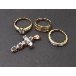 Three 9ct rings and a stone set cross pendant, 9.8gm (4)