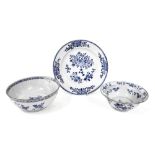 Chinese porcelain export blue and white plate, painted with foliate scrolls within diaper borders,