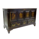 Georgian stained oak quadruple panelled mule chest, the hinged lid over four panels and three