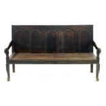 18th century oak panelled back low settle, with loose cushions, 68.5" wide (seat at fault)