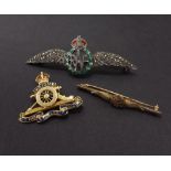 Territorial Artillery 9ct enamel cap badge, 5.7gm, 35mm; also two RAF brooches (3)