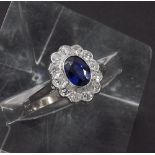 18ct white gold sapphire and diamond cluster oval ring, 12mm x 10mm, ring size P