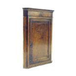 Georgian oak and mahogany crossbanded hanging corner wall shelf with a single panelled door, 28"