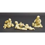 Three Japanese ivory okimono groups to include a fisherman opening a shell, a potter decorating a