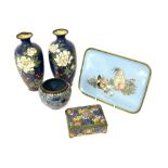 Japanese cloisonne to include a rectangular tray depicting hens and chicks on a pale blue ground,