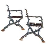 Pair of Victorian Coalbrookdale style garden bench seat ends, realistically modelled as branches,