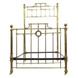 Victorian brass railed bed, with turned decorations and iron side rails, 82" high, 55" wide approx