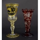 Continental glass goblet, the trumpet bowl gilded with an oval reserve depicting figures hunting