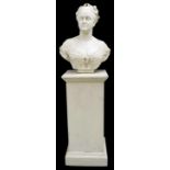 Good marble bust modelled as a young lady with plaited hair and ribbon-tied silk bodice, 12" high;