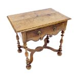 Antique oak side table, the rectangular top over a single drawer and shaped frieze upon baluster