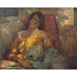 Manner of Pierre Bonnard (20th century) - Lady reclining on a sofa beside a window in a sunlit room,