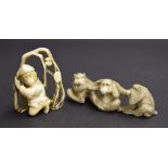 Japanese carved ivory okimono, modelled with three monkeys in the 'See No Evil', 'Hear No Evil', '